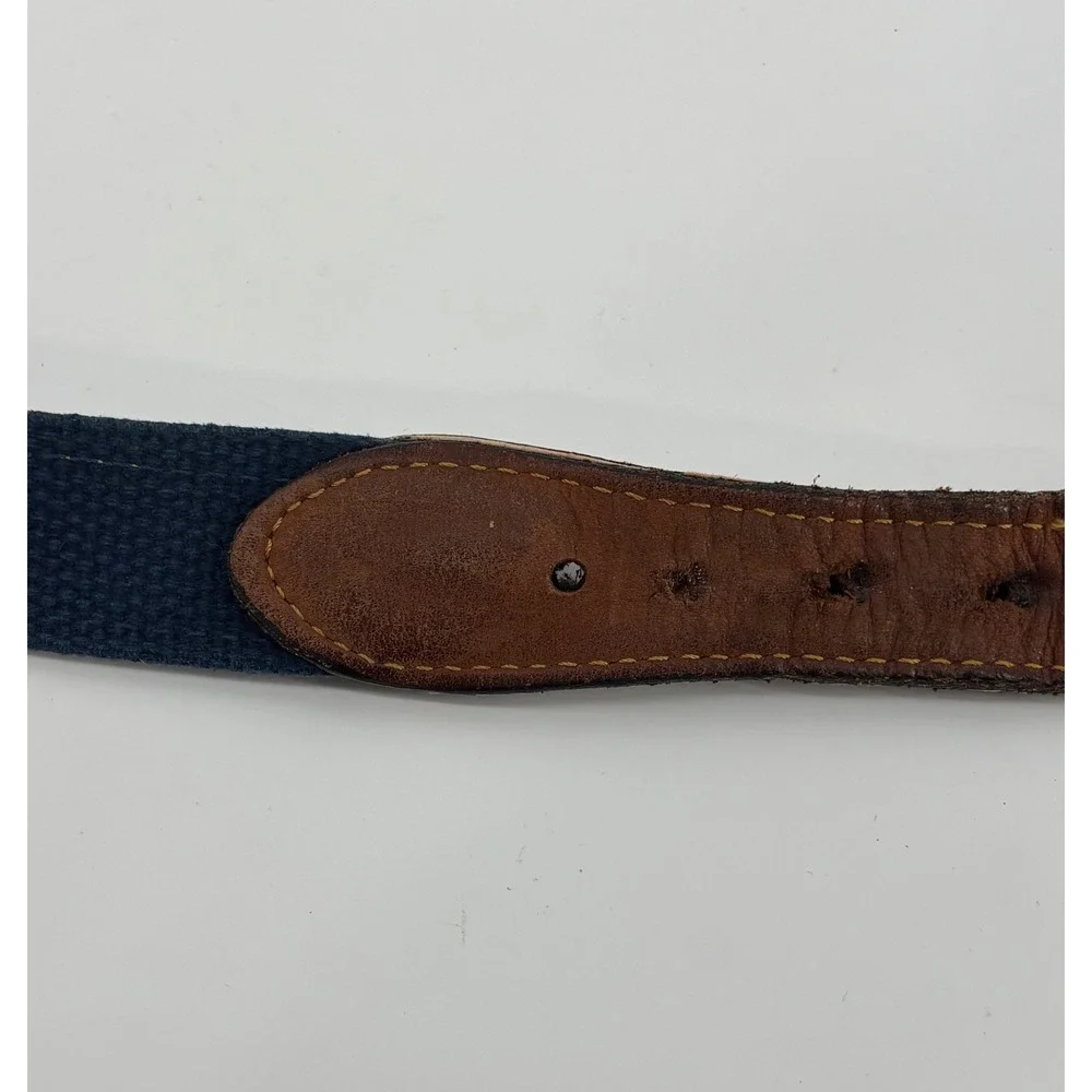 VTG Zeppelin Fish Canvas Leather Belt Size 46 Solid Brass Buckle Made In USA